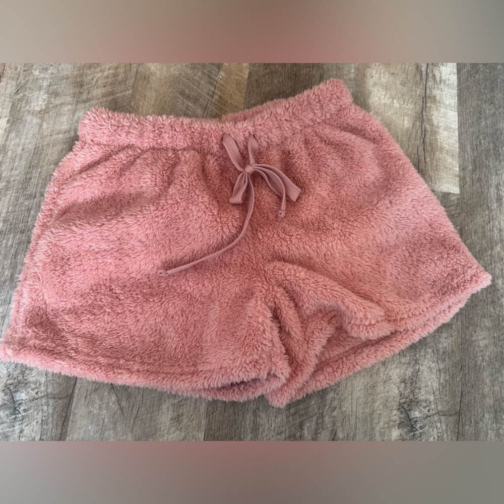 SMALL fuzzy rose pink shorts with drawstring tie front